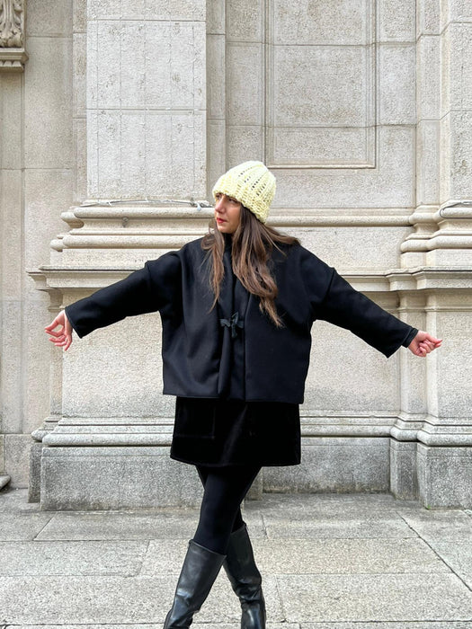 Giacca kimono double face in lana nere e tartan