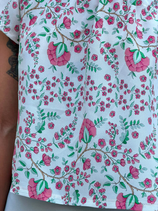 Top Ludovico a fiori rosa 100% seta