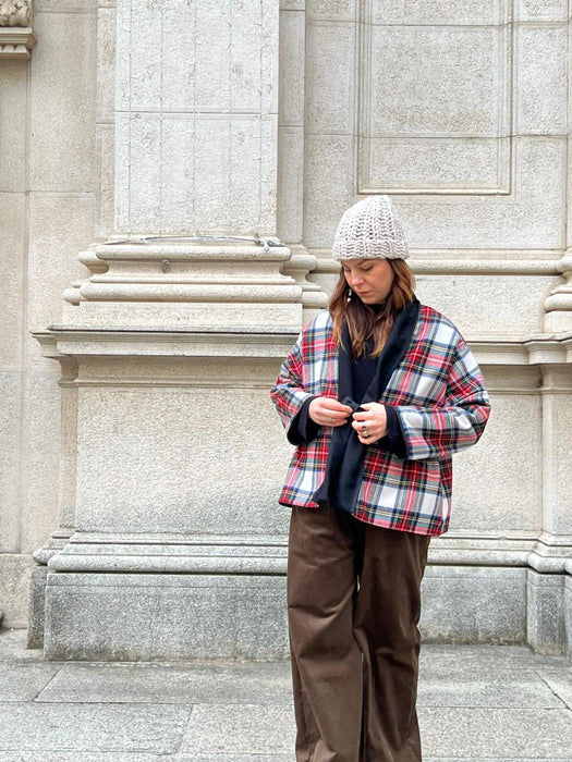 Giacca kimono double face in lana nere e tartan