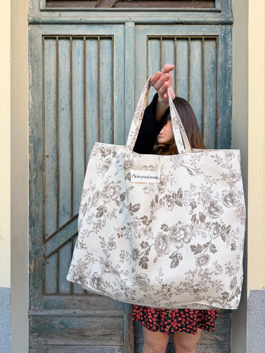 Borsa in cotone écru a fiori marroni
