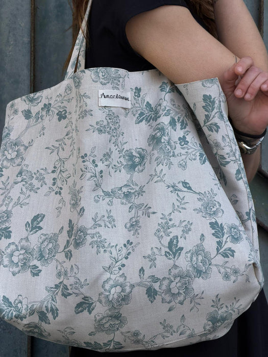 Borsa in cotone écru a fiori verde acqua