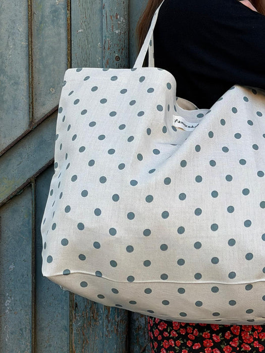 Borsa in cotone écru a pois verde acqua