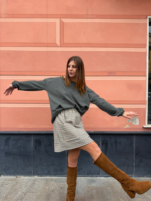 Gonna Luca in twill di lana verde/tabacco/avorio