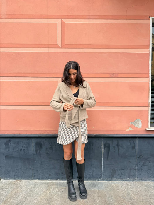 Gonna Matilda corta in twill di lana verde/tabacco/avorio