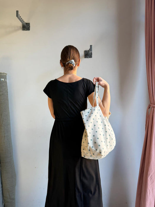 Borsa in cotone écru a pois verde acqua