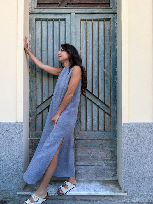 Abito Emilia lungo in lino azzurro jeans