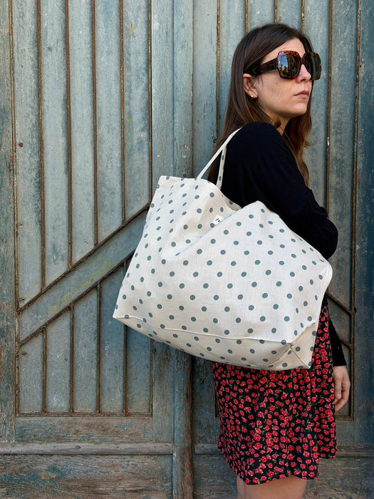 Borsa in cotone écru a pois verde acqua