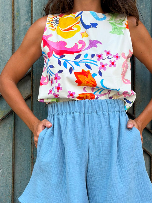Top Emilia in cotone a fiori colorati