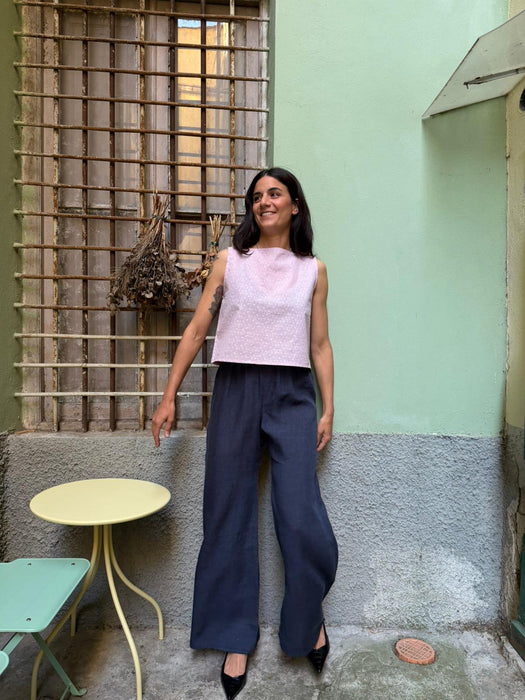 Top Emilia in cotone rosa cipria ricamato