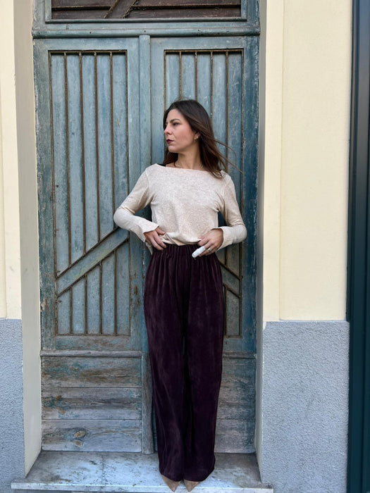 Pantaloni Mia in ciniglia melanzana