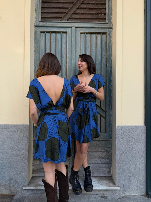 Abito corto Magda fiorato blu e kaki