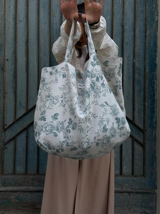 Borsa in cotone écru a fiori verde acqua