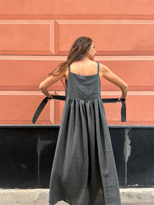 Abito Barbara in lino color grigio scuro