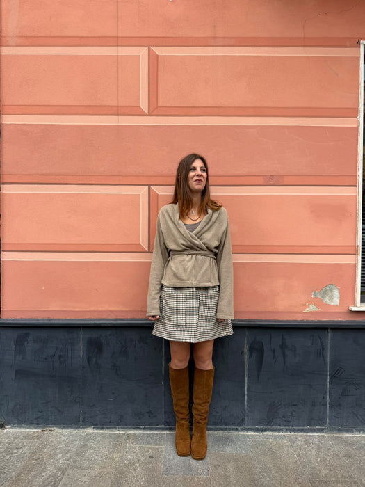 Gonna Luca in twill di lana verde/tabacco/avorio