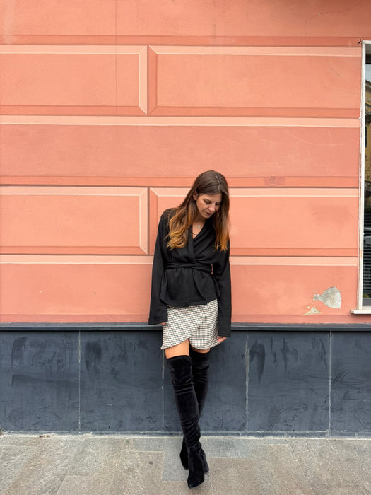 Gonna Matilda corta in twill di lana verde/tabacco/avorio