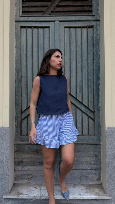 Top Emilia in lino blu scuro