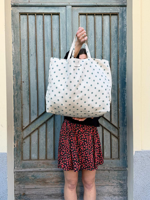Borsa in cotone écru a pois verde acqua