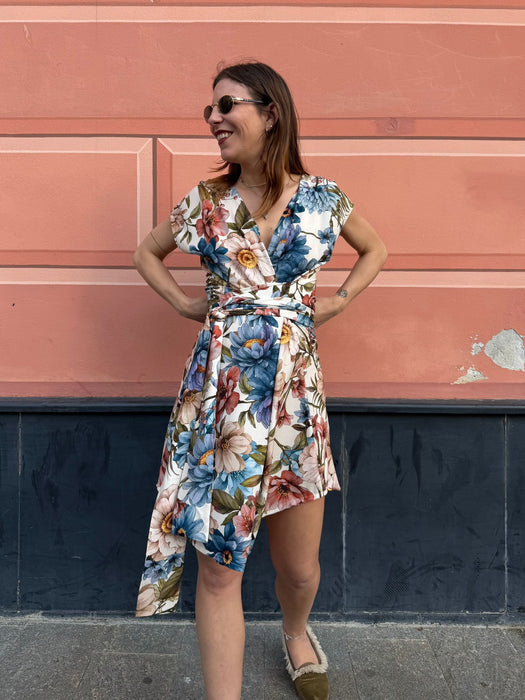 Abito Magda corto a fiori azzurri