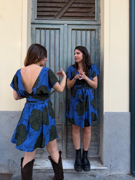 Abito corto Magda fiorato blu e kaki